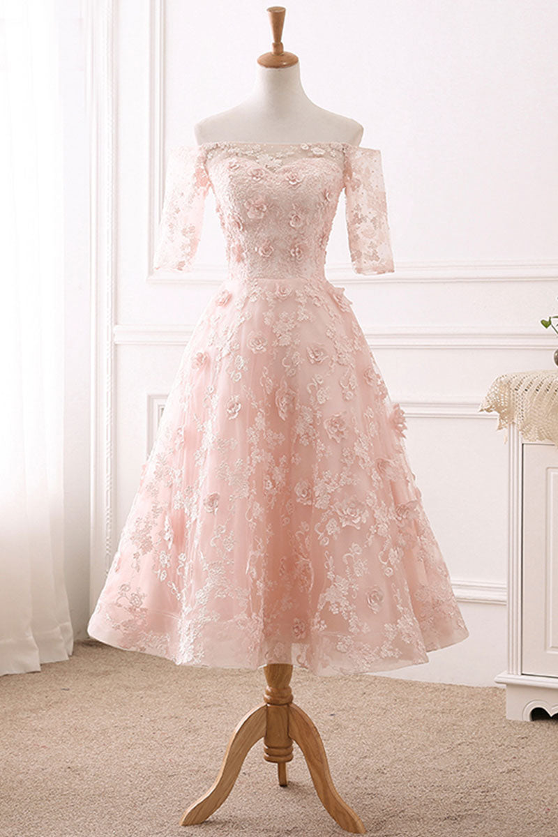 Pink lace tulle tea length prom dress ...